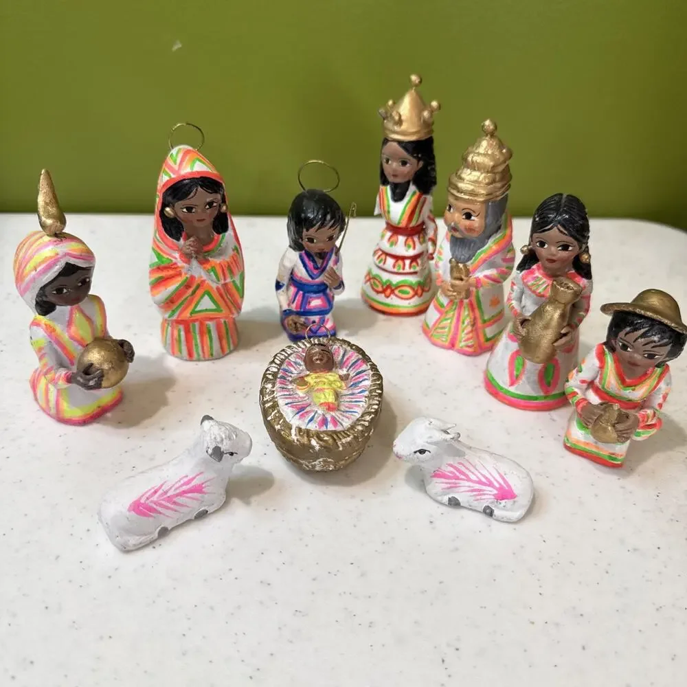 VTG Mexican Hand Painted Folk Art Clay Nacimientos Nativity 10pc Bright SEE PICS